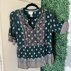Knox Rose Forest Green Embroidered Peasant Top